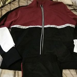Black, silver, burgundy and white jump suit